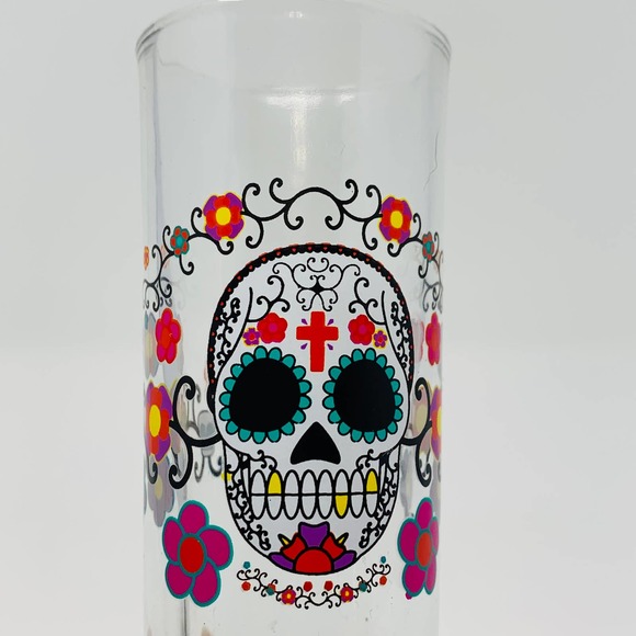 Vintage Halloween Sugar Skull Barware Shot GlassSet With Hand Painted Wood Box - Picture 9 of 12